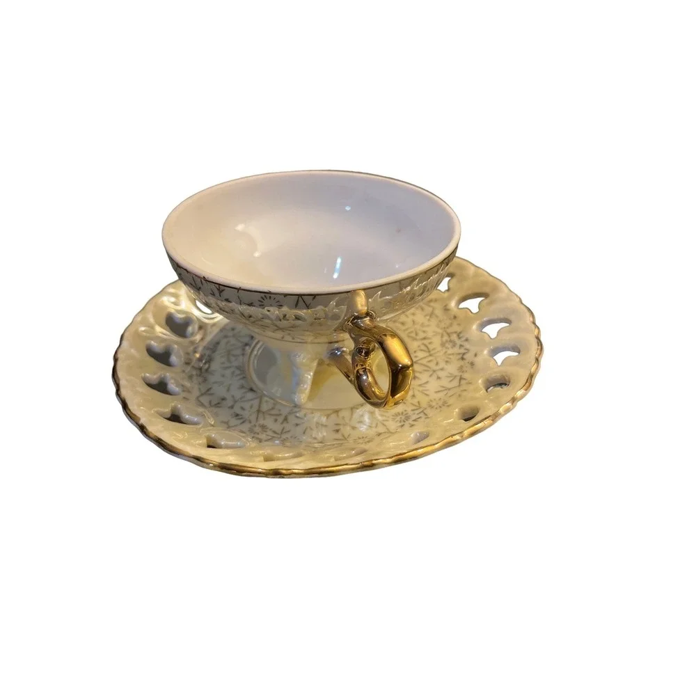 Vintage Japan Porcelain Teacup Saucer Set Gold Trim‎ Floral Butterfly Cutout